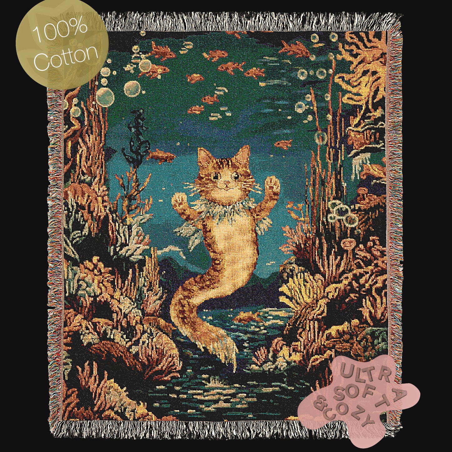 Mermaid Cat Jacquard Woven Blanket, Mermaidcore Wall Art, Siren on Beach, Selkie Retro Woven Throw Blanket Cross Stitch Inspired Wall Decor