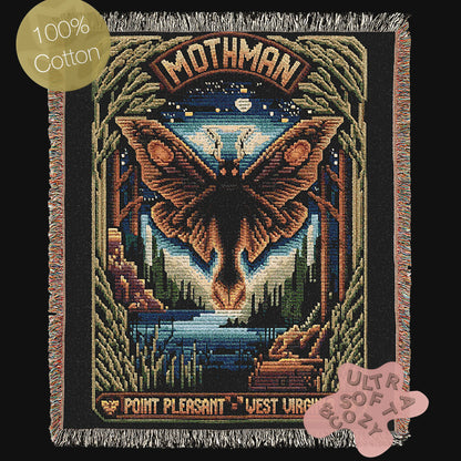 Legendary Mothman Retro Jacquard Woven Blanket, Point Pleasant West Virginia Cryptid Throw, Spooky Monster Decor, Cryptozoology Gift