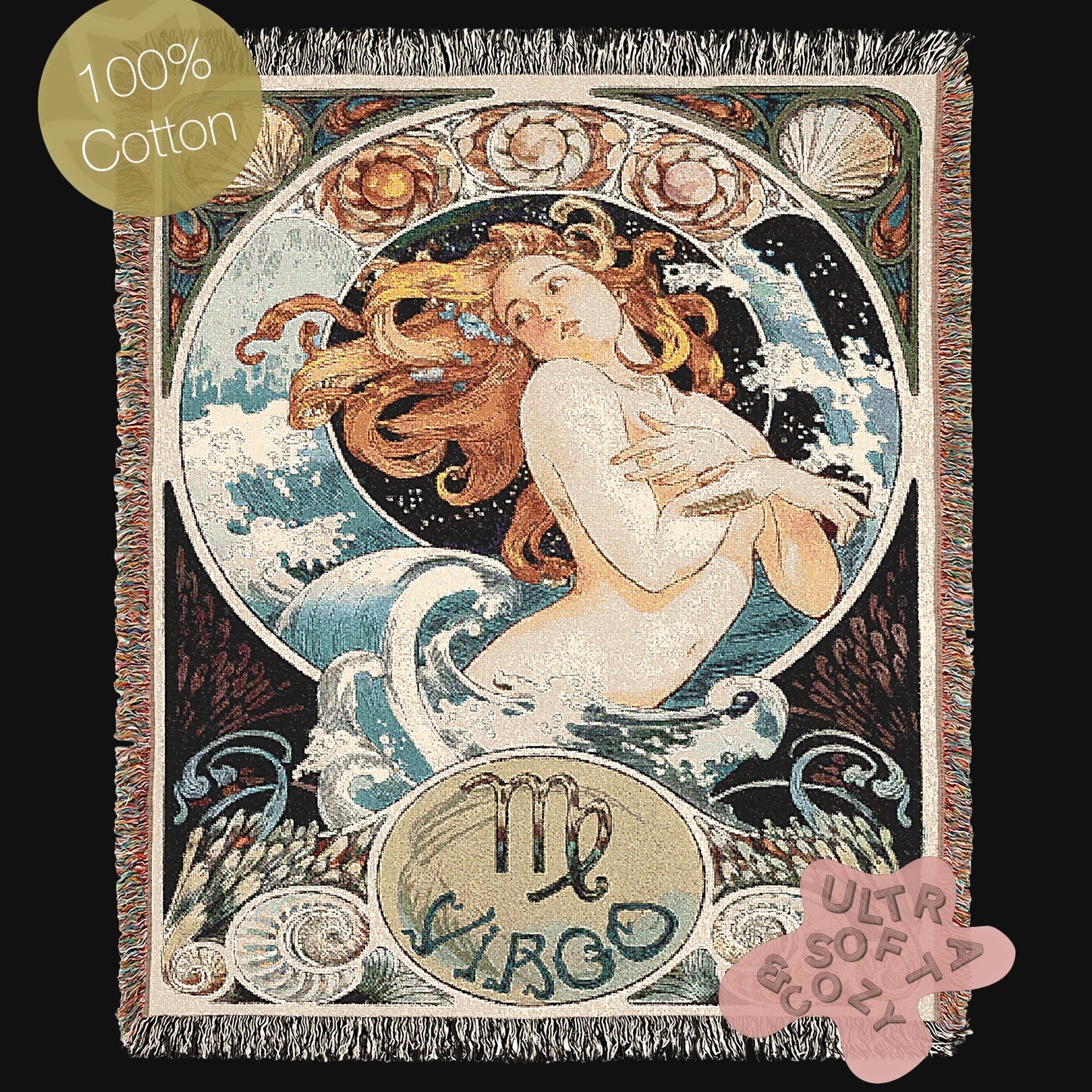 Art Nouveau Zodiac Virgo Woven Fringe Blanket