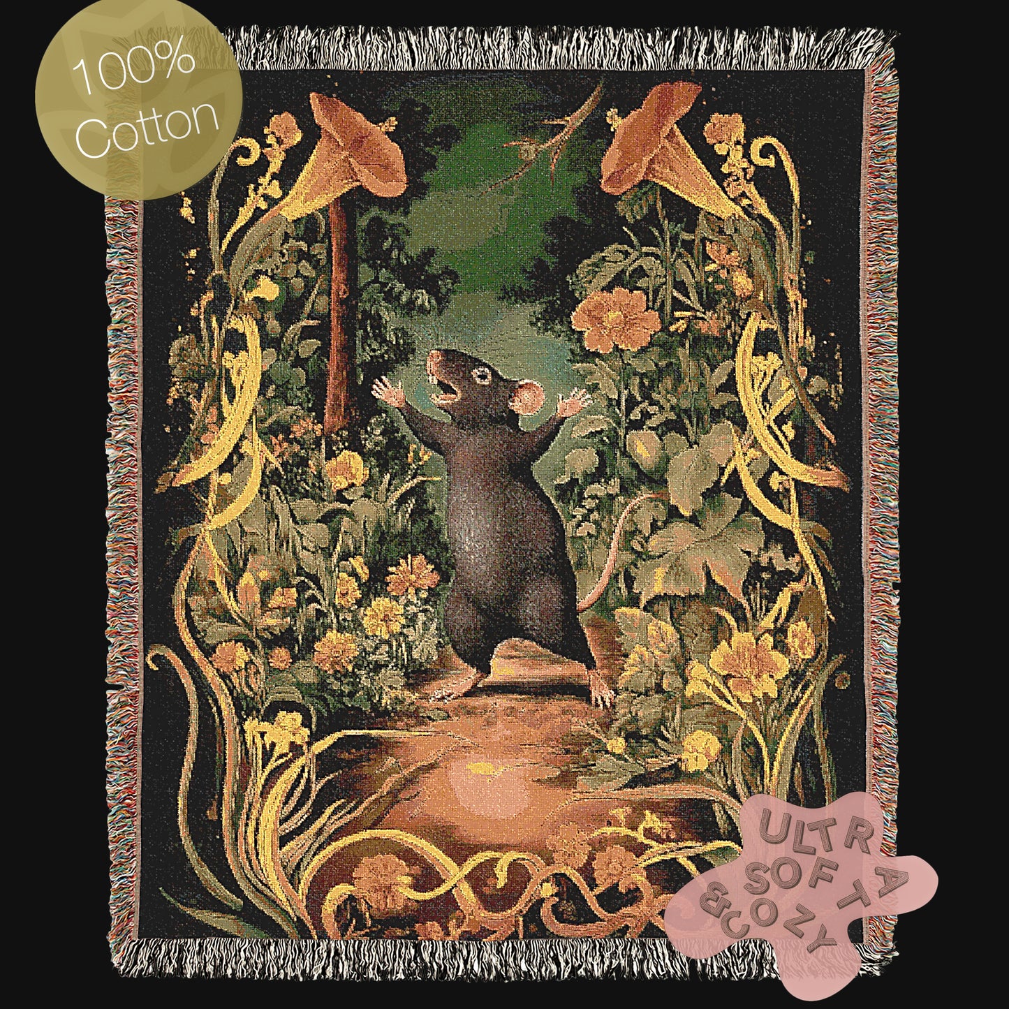 Vintage Victorian Aesthetic Rat Dancing In The Forest, Floral Botanical Woven Tapestry | Whimsical Decorative Throw Blanket