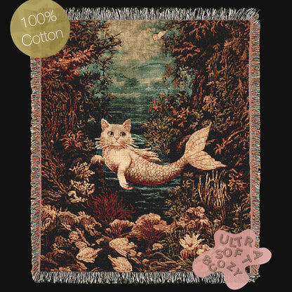 Cat Mermaid Jacquard Woven Blanket, Mermaidcore Wall Art, Siren on Beach, Selkie Retro Woven Throw Blanket, Cross Stitch Inspired Wall Decor