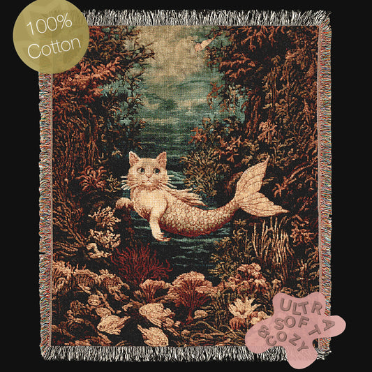 Cat Mermaid Jacquard Woven Blanket, Mermaidcore Wall Art, Siren on Beach, Selkie Retro Woven Throw Blanket, Cross Stitch Inspired Wall Decor