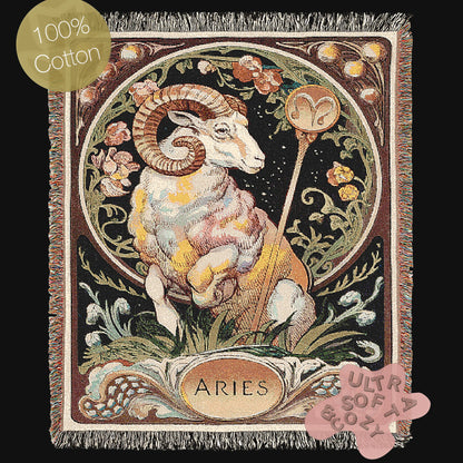 Art Nouveau Zodiac Woven Fringe Blanket, Aries Tapestry, Zodiac Astro Signs Oversized Blanket, Woven Fringe Throw, Aries Gift