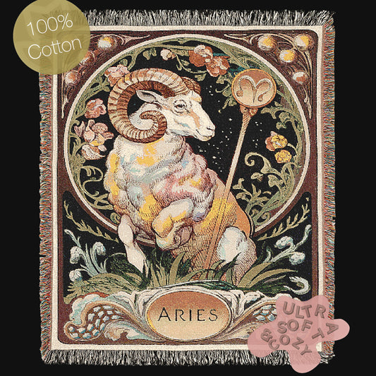 Art Nouveau Zodiac Woven Fringe Blanket, Aries Tapestry, Zodiac Astro Signs Oversized Blanket, Woven Fringe Throw, Aries Gift
