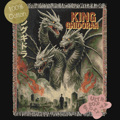 King Ghidorah Blanket, Japanese Woven Wall Art, Large Tokusatsu Fantasy Woven Throw, Gamera Poster Throw, Kaiju Picnic Blanket