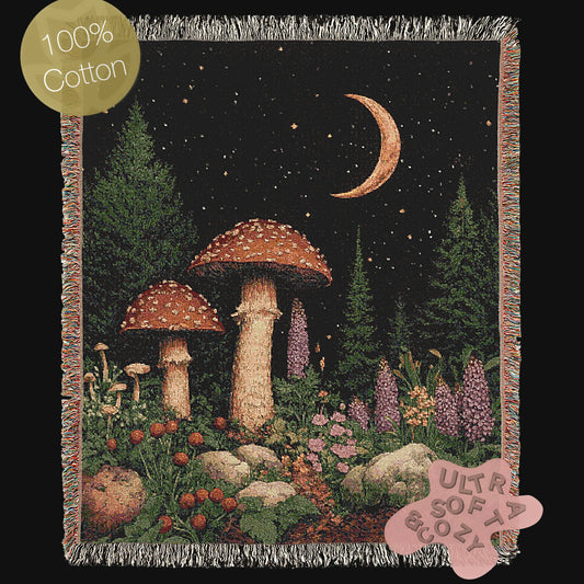 Cottagecore Mushroom Forest Tapestry Blanket, Vintage Floral Woodland Wall Art, Forestcore Whimsigoth Decor Large Woven Throw
