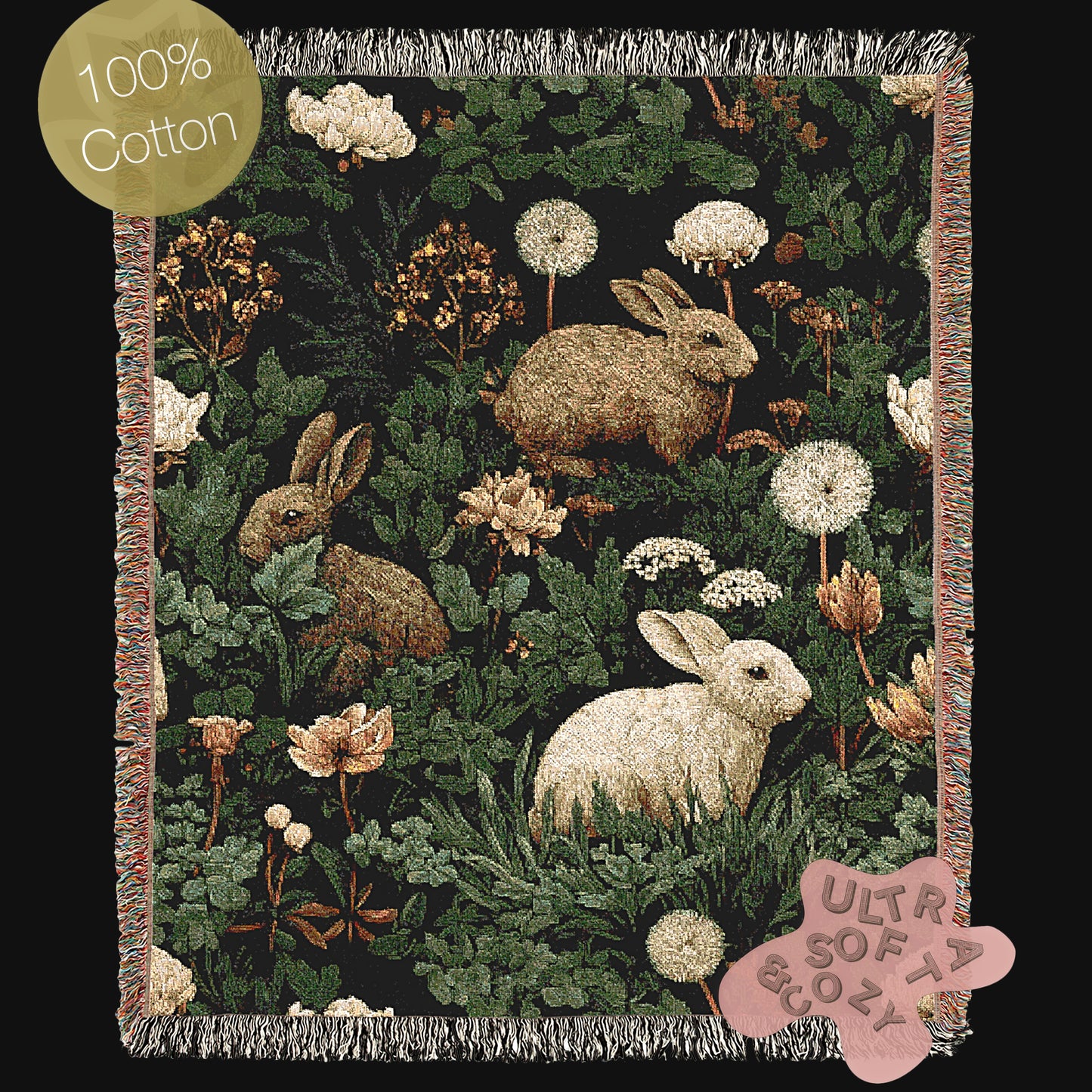 Botanical Rabbit Woven Throw Blanket, Antique Floral Forest Wall Art, Large Wall Tapestry, Whimsigoth Nature Decor, Medieval Bunny Tapestry