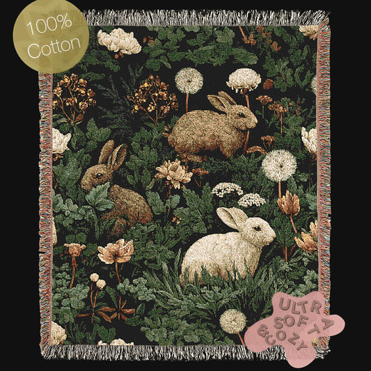 Botanical Rabbit Woven Throw Blanket, Antique Floral Forest Wall Art, Large Wall Tapestry, Whimsigoth Nature Decor, Medieval Bunny Tapestry