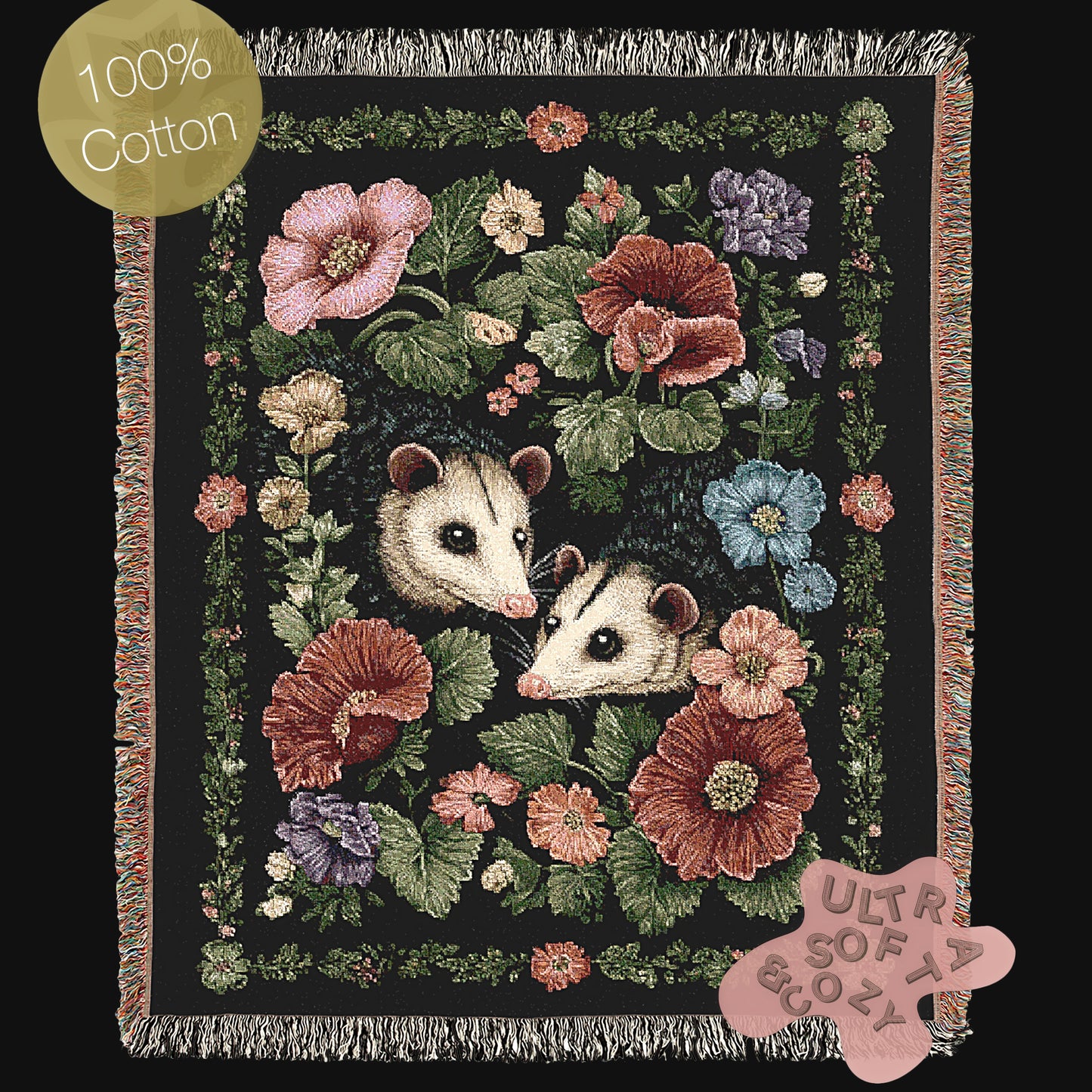 Possum Tapestry Blanket, Cottagecore Home Decor, Floral Botanical Woven Wall Hanging, Large Wall Tapestry, Opposum Picnic Blanket