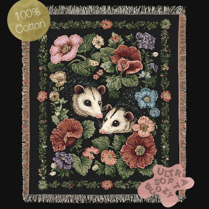 Possum Tapestry Blanket, Cottagecore Home Decor, Floral Botanical Woven Wall Hanging, Large Wall Tapestry, Opposum Picnic Blanket