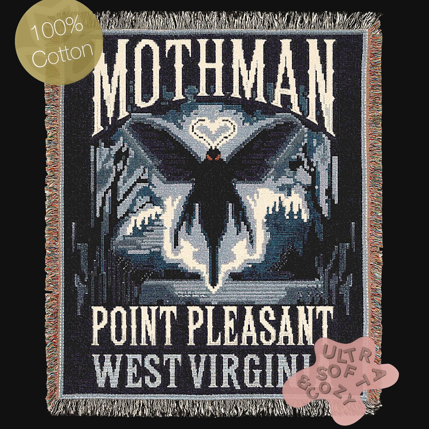 Retro Blue Mothman Jacquard Woven Blanket, Point Pleasant West Virginia Cryptid Throw, Spooky Monster Decor, Cryptozoology Gift