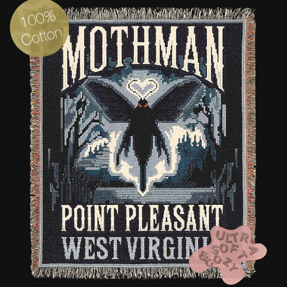 Retro Blue Mothman Jacquard Woven Blanket, Point Pleasant West Virginia Cryptid Throw, Spooky Monster Decor, Cryptozoology Gift