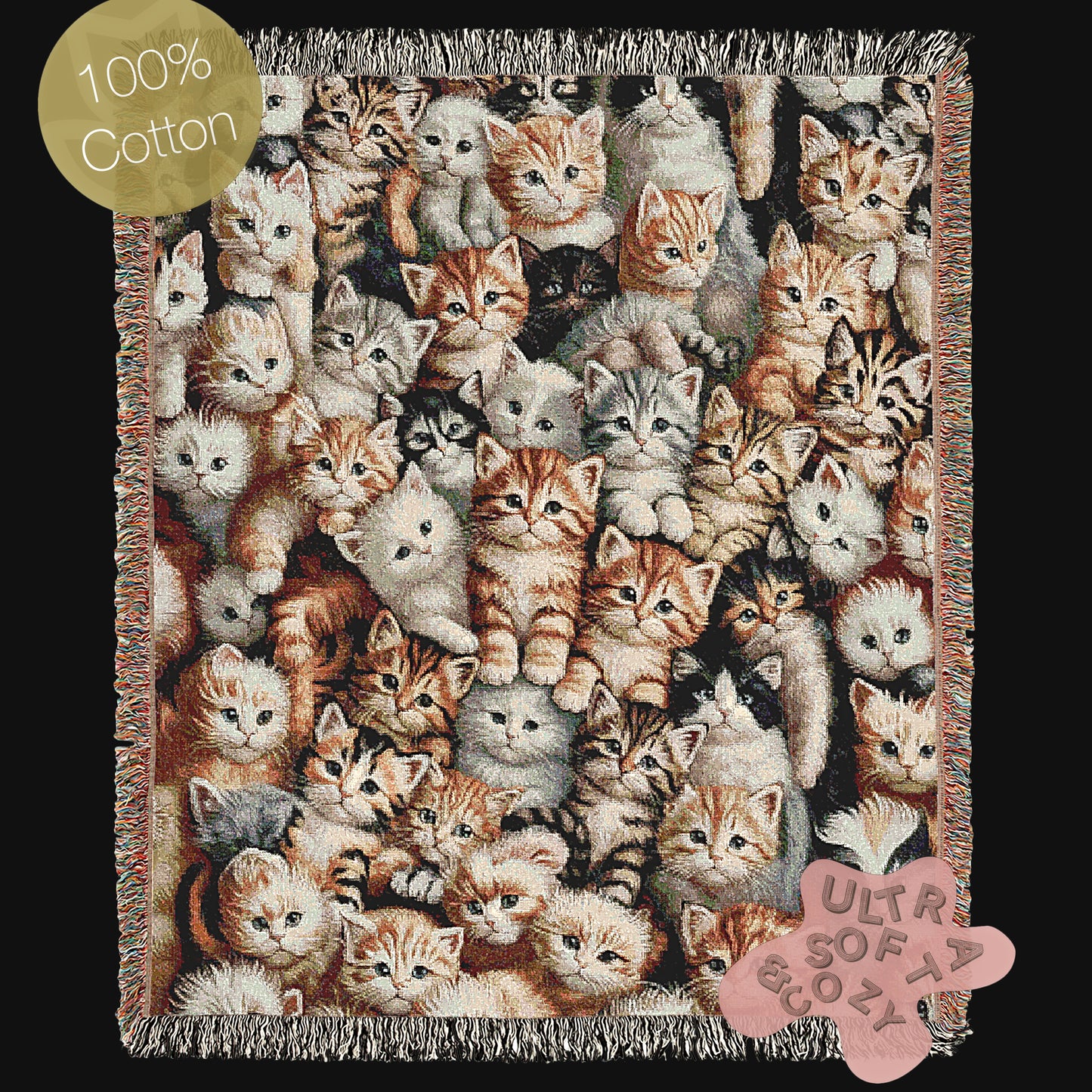Cat Throw Blanket, Cottagecore Cute Kitten Print, Whimsical Grandmacore Kitsch Home Decor, Woven Large Tapestry, Cozy Cat Lover Gift