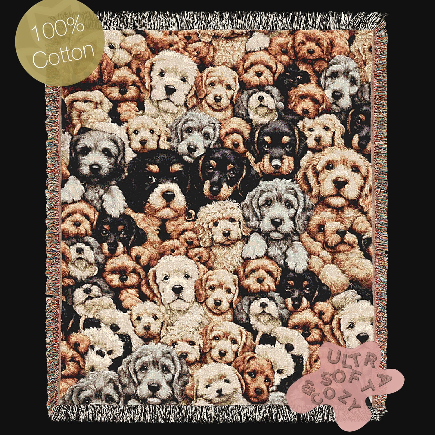 Dogs Throw Blanket, Cottagecore Cute Puppies Print, Whimsical Grandmacore Kitsch Home Decor, Woven Large Tapestry, Cozy Dog Lover Gift