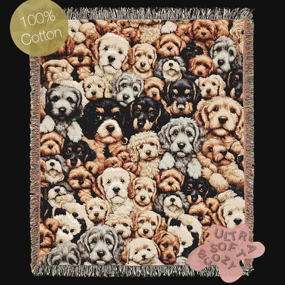 Dogs Throw Blanket, Cottagecore Cute Puppies Print, Whimsical Grandmacore Kitsch Home Decor, Woven Large Tapestry, Cozy Dog Lover Gift
