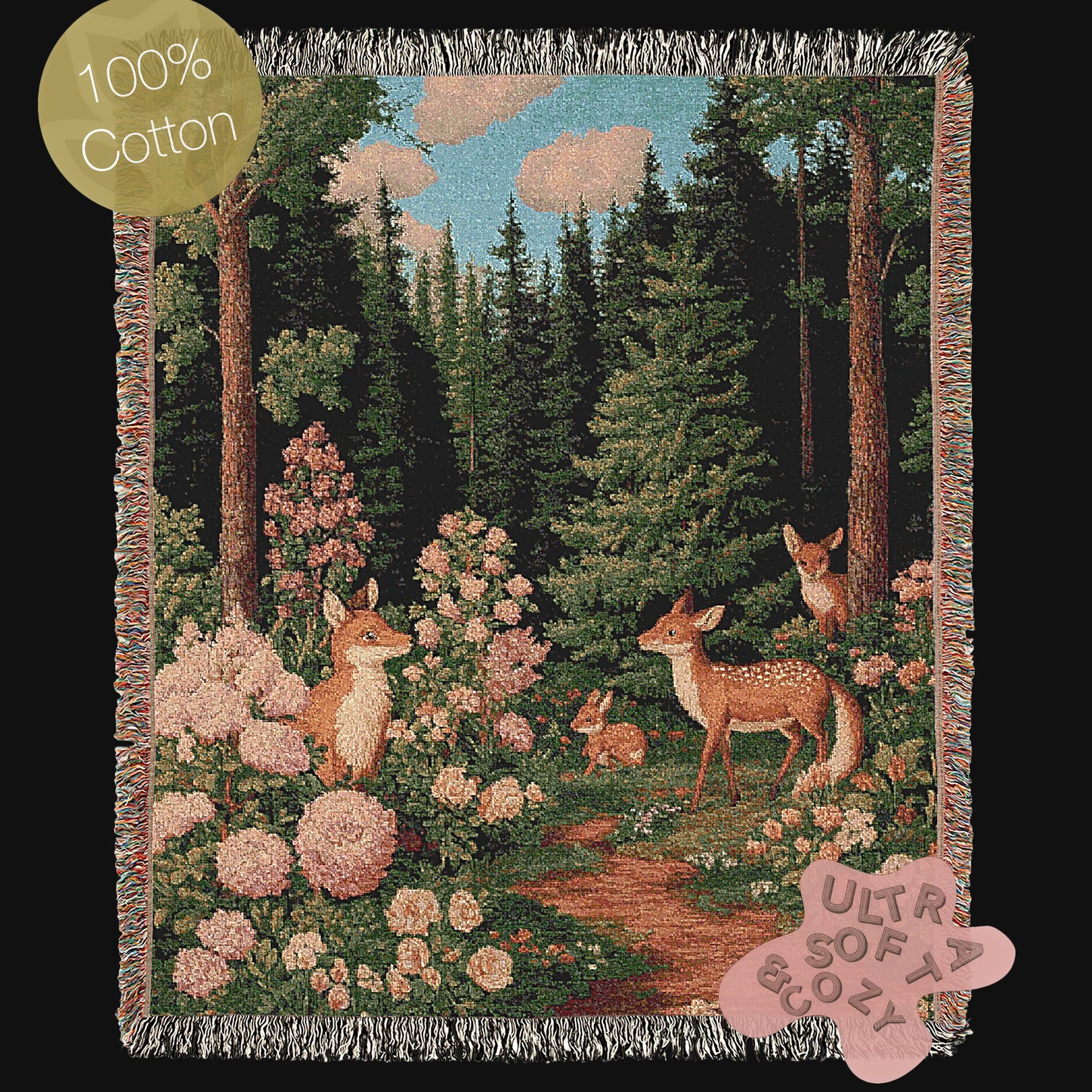 Enchanted Cottagecore Forest Tapestry Blanket, Vintage Floral Woodland Wall Art, Whimsigoth Decor Large Woven Throw