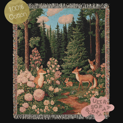 Enchanted Cottagecore Forest Tapestry Blanket, Vintage Floral Woodland Wall Art, Whimsigoth Decor Large Woven Throw