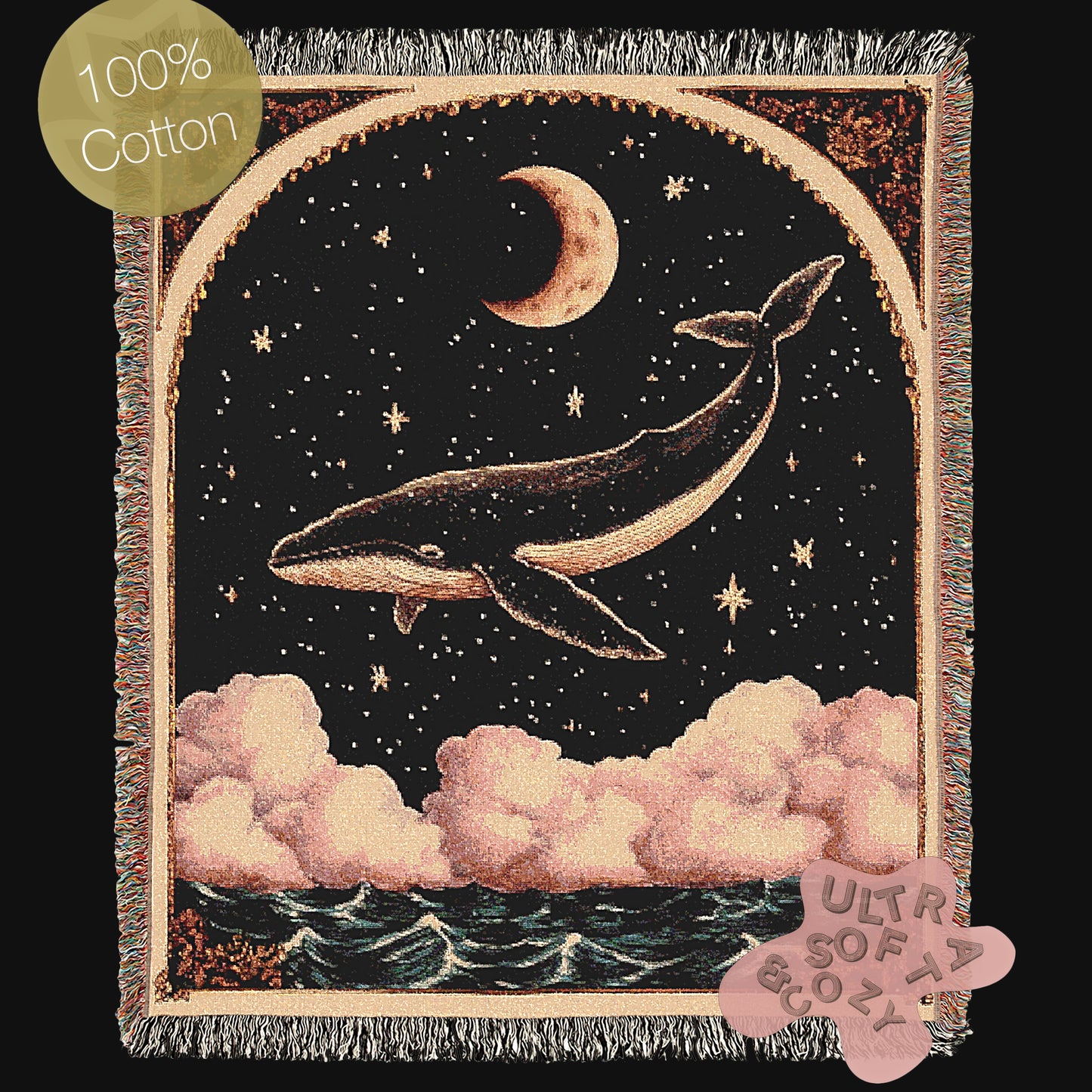 Celestial Whale Woven Blanket Large Tapestry, Whimsigoth Decor Antique Woven Wall Art Tapestry, Boho Throw, Sun Moon Picnic Blanket