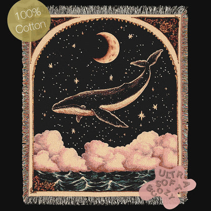 Celestial Whale Woven Blanket Large Tapestry, Whimsigoth Decor Antique Woven Wall Art Tapestry, Boho Throw, Sun Moon Picnic Blanket