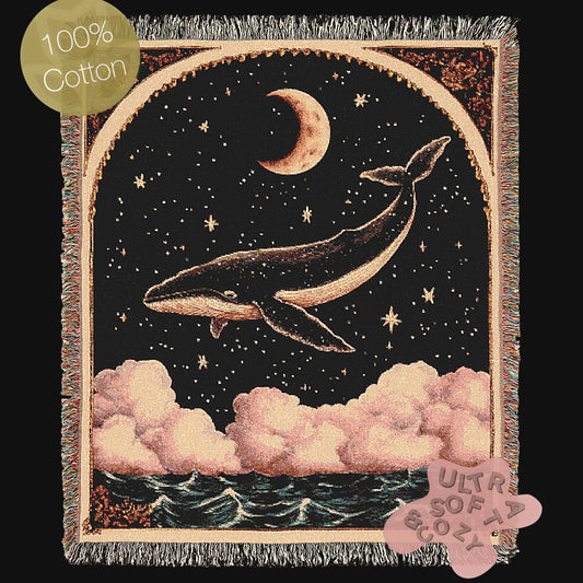 Celestial Whale Woven Blanket Large Tapestry, Whimsigoth Decor Antique Woven Wall Art Tapestry, Boho Throw, Sun Moon Picnic Blanket