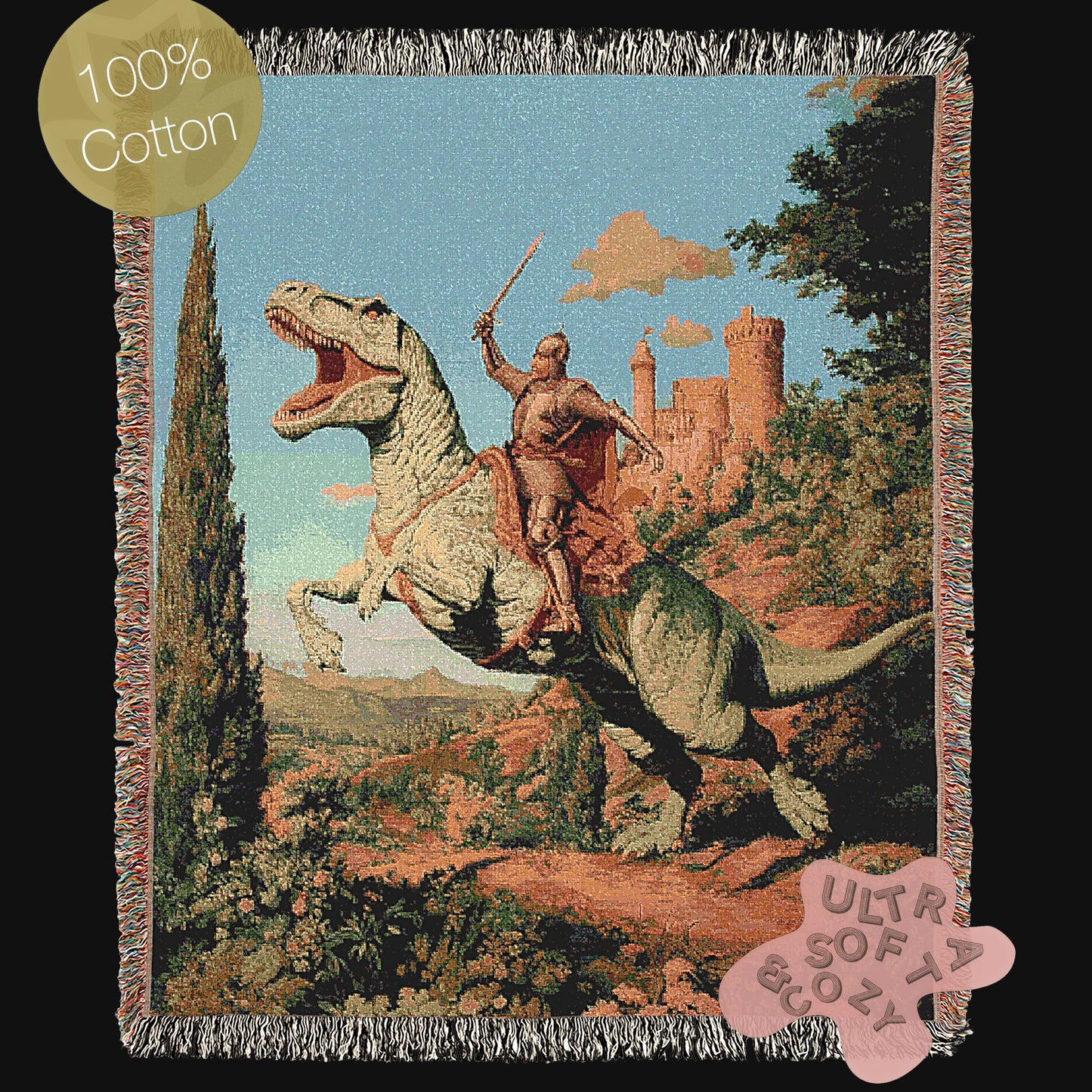 Funny Knight On Dinosaur Woven Blanket, Medieval Wall Art, Fantasy Large Wall Tapestry, Renaissance Fair Castlecore Decor, Baby Nursery Gift