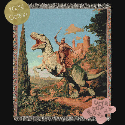 Funny Knight On Dinosaur Woven Blanket, Medieval Wall Art, Fantasy Large Wall Tapestry, Renaissance Fair Castlecore Decor, Baby Nursery Gift