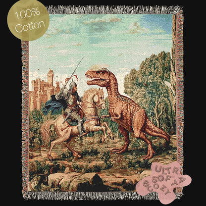 Funny Knight Vs Dinosaur Woven Blanket, Medieval Wall Art, Fantasy Large Wall Tapestry, Renaissance Fair Castlecore Decor, Baby Nursery Gift