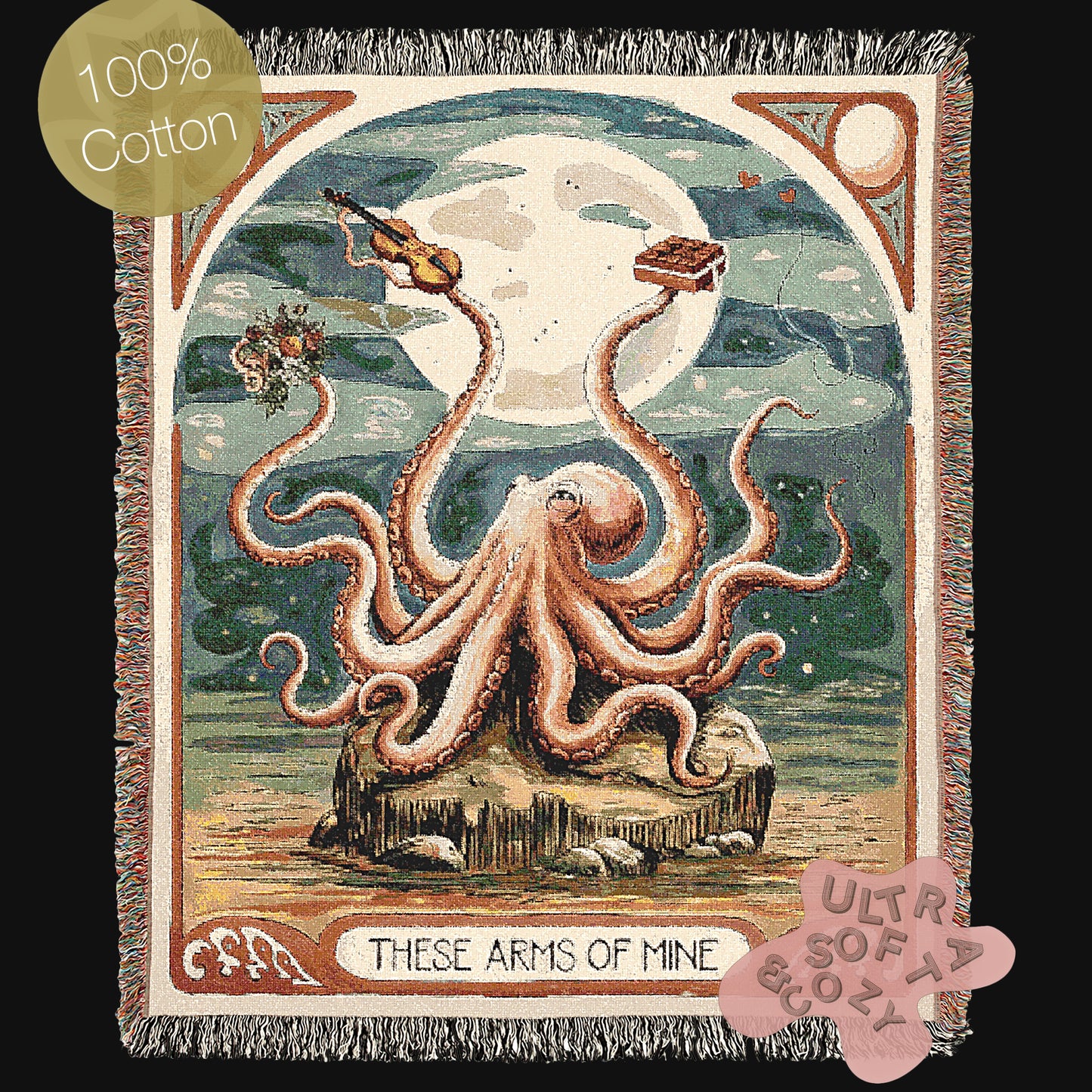 These Arms Of Mine, Moody Vintage Octopus and Moon Woven Cotton Blanket