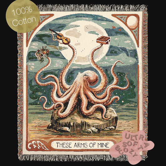 These Arms Of Mine, Moody Vintage Octopus and Moon Woven Cotton Blanket | Creepy Cute Victorian Dark Cottagecore Throw Tapestry