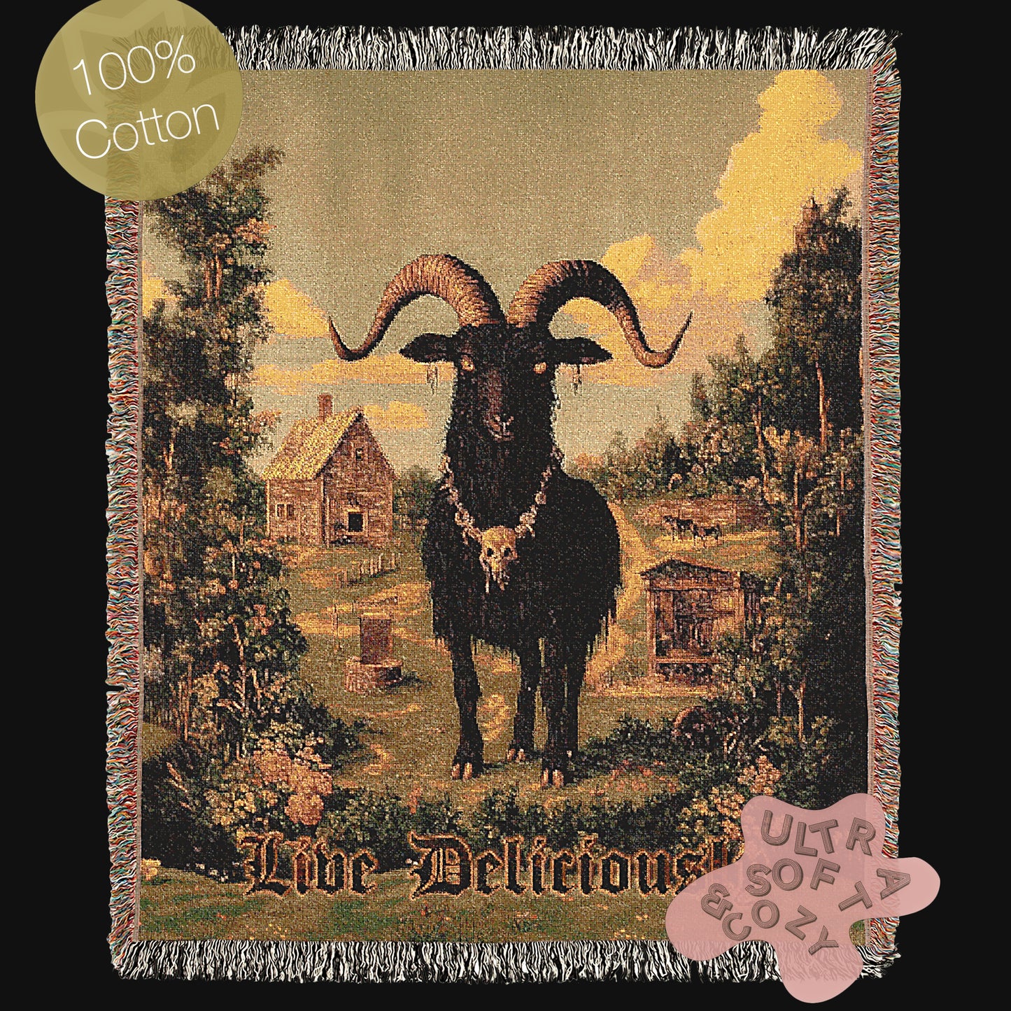 Live Deliciously Black Phillip - Satanic Goat Woven Throw Blanket - Wiccan Woven Tapestry - Witchy Gothic Home Jacquard Throw Tapestry
