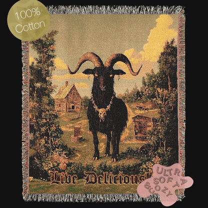 Live Deliciously Black Phillip - Satanic Goat Woven Throw Blanket - Wiccan Woven Tapestry - Witchy Gothic Home Jacquard Throw Tapestry