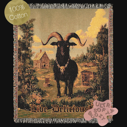Live Deliciously Black Phillip - Satanic Goat Woven Throw Blanket - Wiccan Woven Tapestry - Witchy Gothic Home Jacquard Throw Tapestry