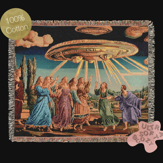 Renaissance Medieval UFO Abduction Woven Blanket, Alien Tapestry Throw, Surreal Art Home Decor, Sci-Fi Classical Painting