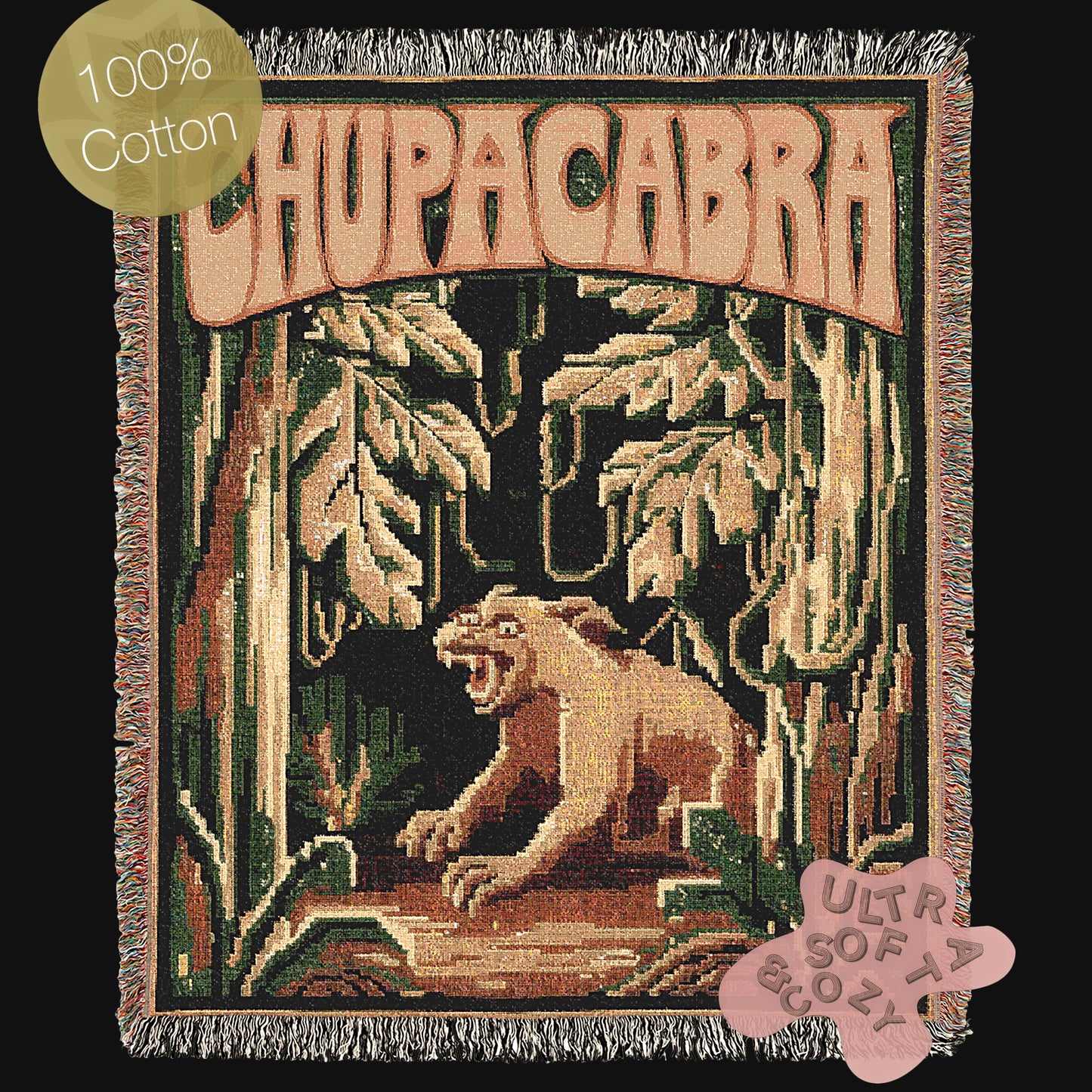 Chupacabra Jacquard Woven Blanket, Retro Cross Stitch Inspired Cryptid Throw Tapestry, Spooky Monster Decor, Cryptozoology Gift