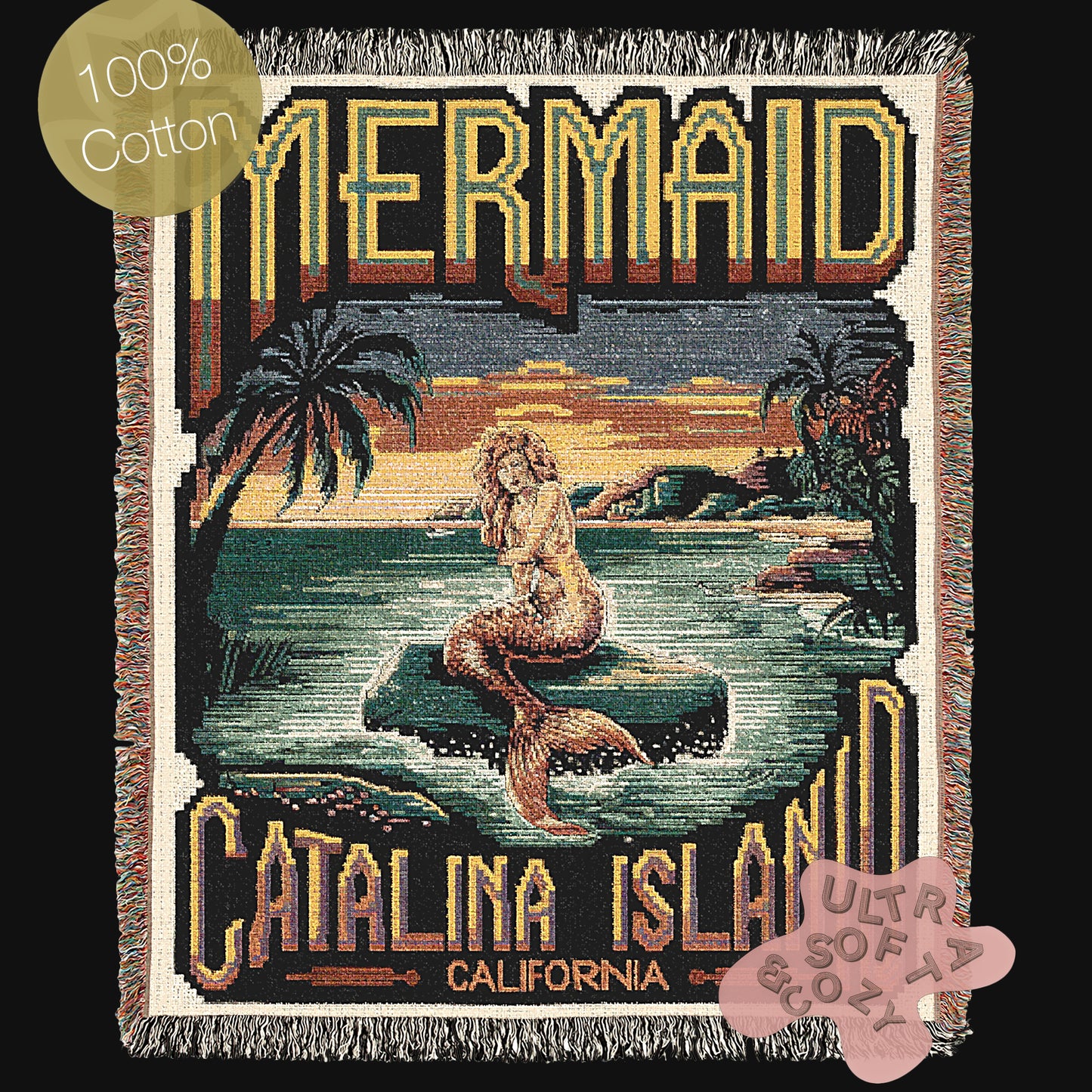 Mermaid Wall Art Tapestry, Mermaidcore Wall Art Siren Beach Decor, Throw Blanket Woven Travel Poster, Cross Stitch Inspired Wall Decor