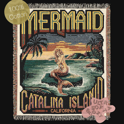 Mermaid Wall Art Tapestry, Mermaidcore Wall Art Siren Beach Decor, Throw Blanket Woven Travel Poster, Cross Stitch Inspired Wall Decor