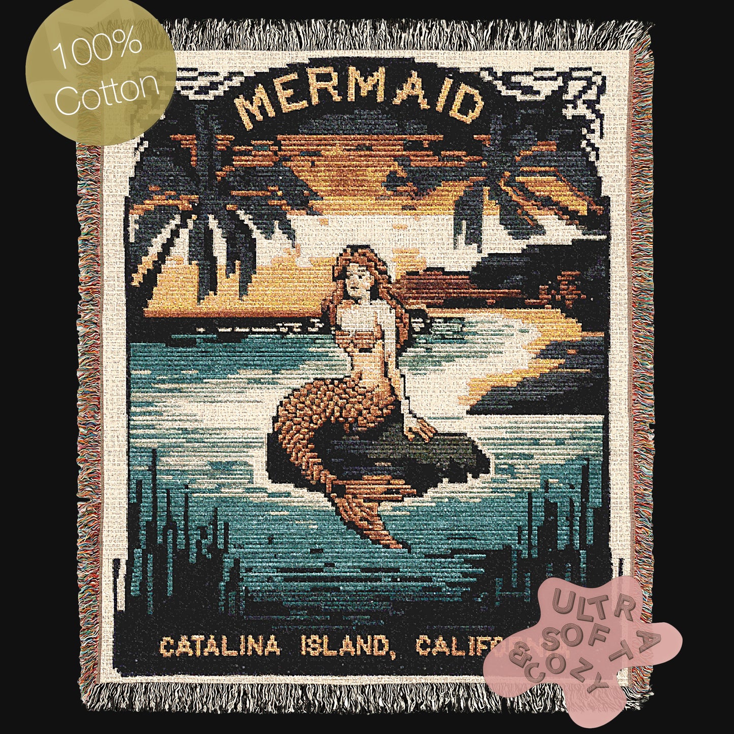 The Mermaid Wall Art Tapestry, Mermaidcore Wall Art Siren Beach Decor, Throw Blanket Woven Travel Poster, Cross Stitch Inspired Wall Decor