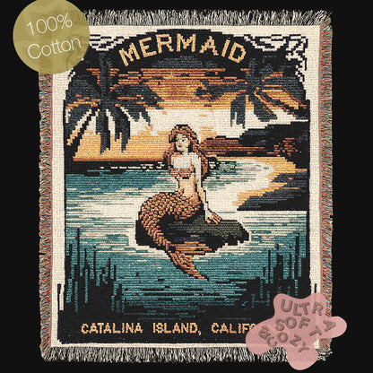 The Mermaid Wall Art Tapestry, Mermaidcore Wall Art Siren Beach Decor, Throw Blanket Woven Travel Poster, Cross Stitch Inspired Wall Decor