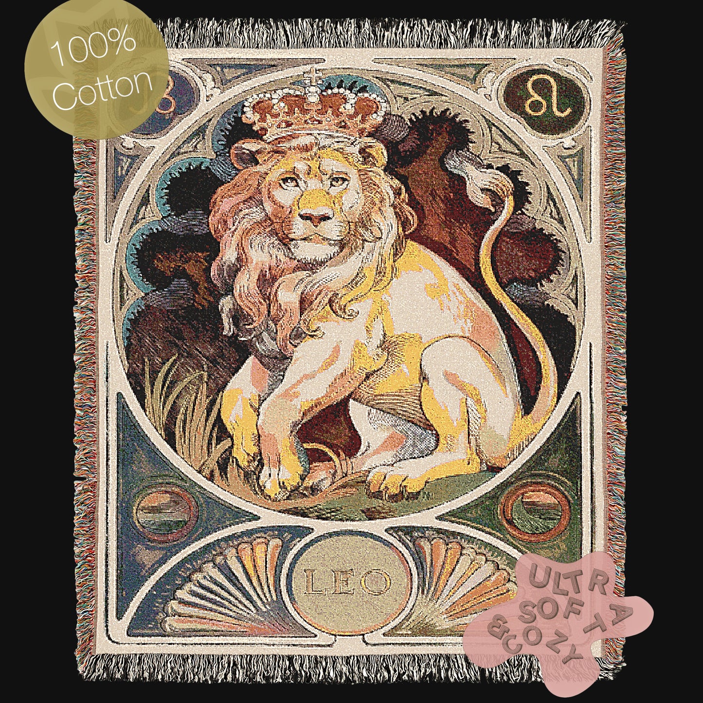 Art Nouveau Zodiac Leo Woven Fringe Blanket