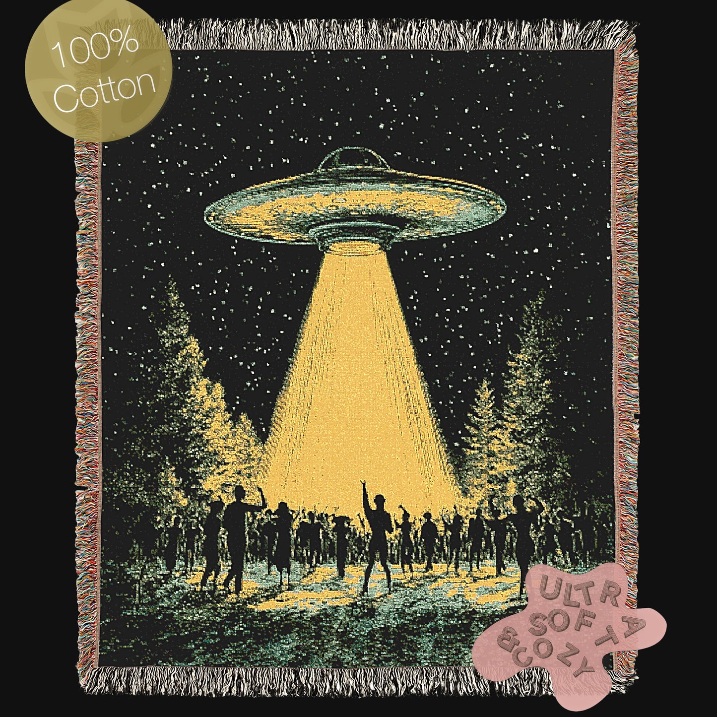 UFO Abduction At Music Festival Woven Blanket, Cotton Woven Couch Throw, Sci-Fi Home Decor, Weirdcore Funny Tapestry Alien Room Art Gifts,