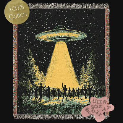 UFO Abduction At Music Festival Woven Blanket, Cotton Woven Couch Throw, Sci-Fi Home Decor, Weirdcore Funny Tapestry Alien Room Art Gifts,