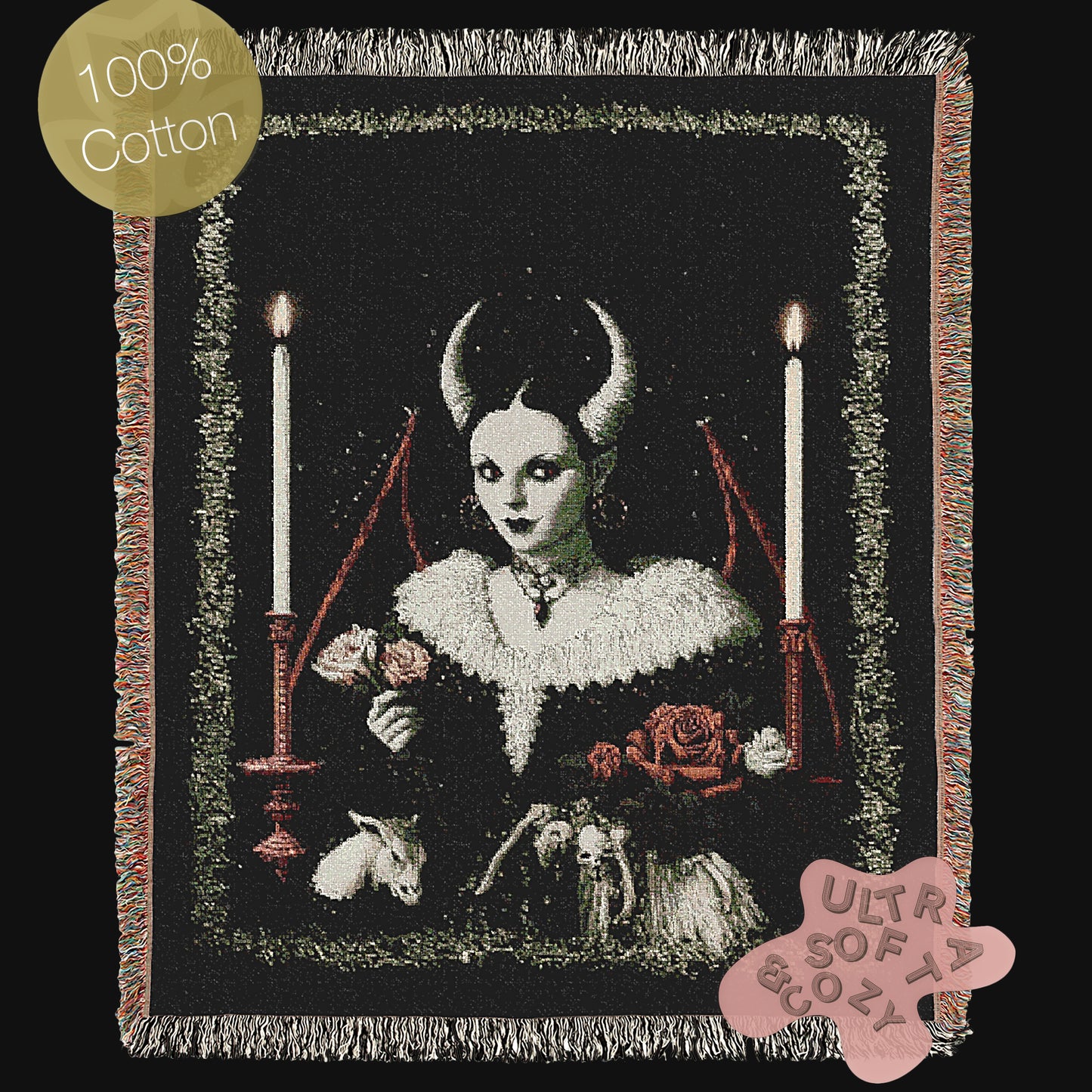 Lilith, Gothic Devil Demon Woven Blanket, Dark Romance Witchcore Tapestry Horned Woman, Candlelit Ritual Scene, Whimsigoth Wall Art Decor