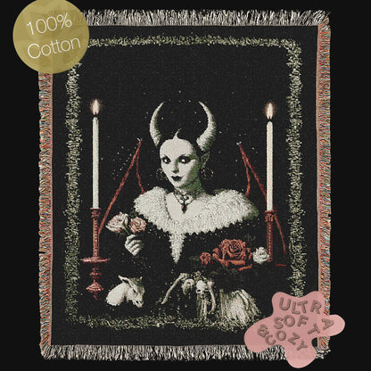 Lilith, Gothic Devil Demon Woven Blanket, Dark Romance Witchcore Tapestry Horned Woman, Candlelit Ritual Scene, Whimsigoth Wall Art Decor