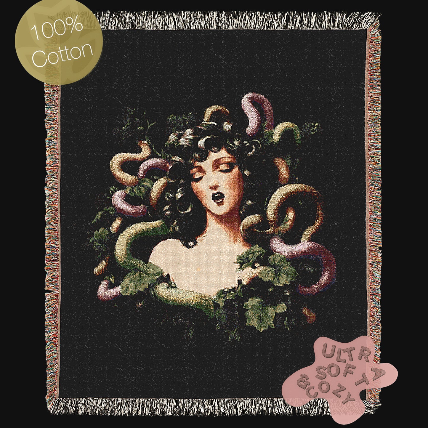 Medusa Woven Throw Blanket, Gothic Mythology Art, Dark Whimsigoth Decor, Serpent Hair Woman Blanket, Mythical Creature Tapestry