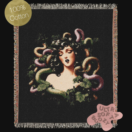 Medusa Woven Throw Blanket, Gothic Mythology Art, Dark Whimsigoth Decor, Serpent Hair Woman Blanket, Mythical Creature Tapestry