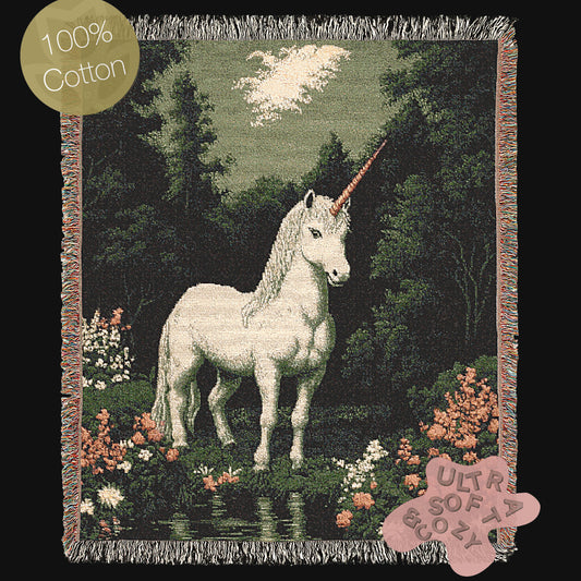 Unicorn Woven Blanket, Fantasy Cottagecore Decor, Mystical Forest Tapestry, Whimsigoth Decor, Fairycore Aesthetic, Mythical Horse Blanket