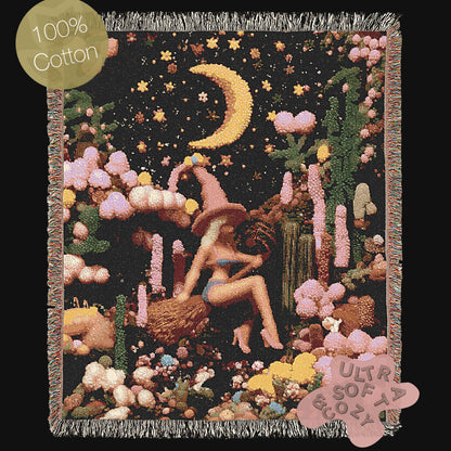 Dolly Witch Blanket, Woven Throw Blanket, Psychedelic Cottagecore Decor, Fantasy Witch Tapestry, Whimsigoth Wall Art, Celestial Witch Gift