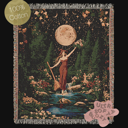 Witch Tapestry Blanket, Woven Throw Blanket, Moon Goddess Wall Art, Cottagecore Witch Decor, Fantasy Witch Blanket, Celestial Witch Gift