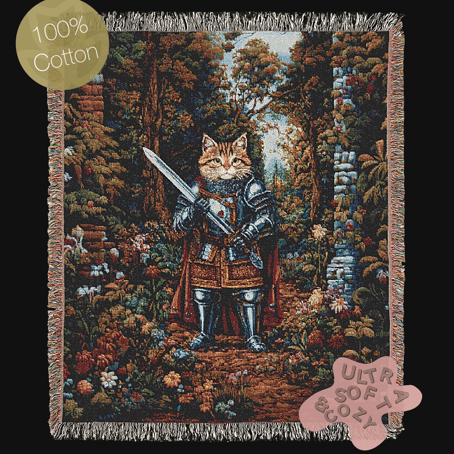 Medieval Cat Woven Throw Blanket, Funny Tapestry Knight Cat Wall Art, Renaissance Pet Portrait, Royal Cat Gift, Gothic Castlecore Home Decor