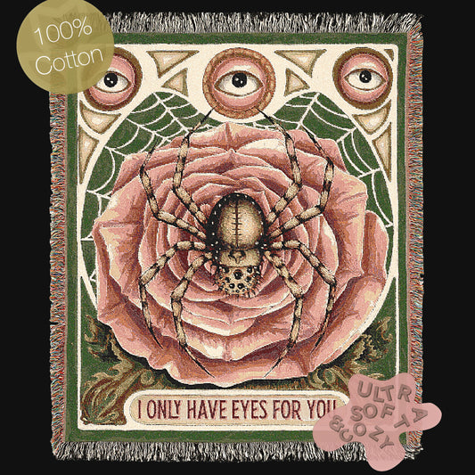 I Only Have Eyes For You, Creepy Cute Victorian Gothy Spider On A Rose Blanket, Vintage Spooky Dark Cottagecore Jacquard Throw Tapestry